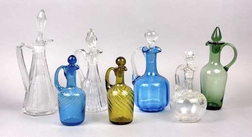 Vintage Glass Cruets Clear & Colored Glass 8 total standing between 5.5 and 9.5 inches tall.
