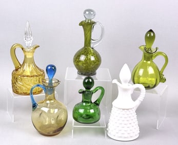 Vintage Colored Glass Cruets 6 total standing between 4.5 and 7.75 inches