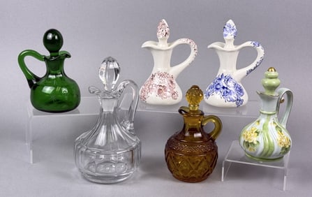 Vintage Glass Cruets Clear & Colored Glass 6 total standing between 4.5 and 6.5 inches tall.