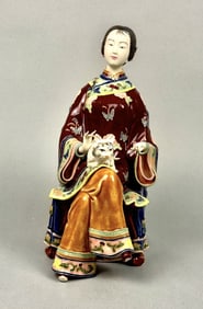 Vintage Chinese Shiwan Porcelain Lady w Cat Some crazing present. See photos for further condition