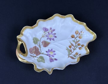 Royal Worcester Blush Ivory Leaf Shaped Dish Hand painted floral motif with gold highlights.