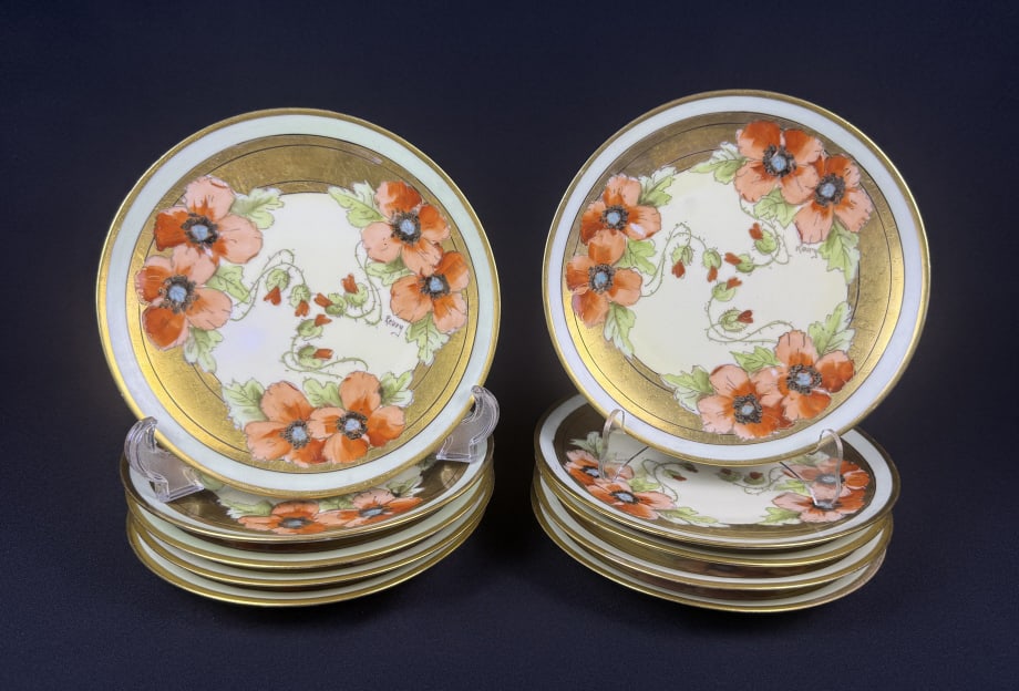 Jean Pouyat Limoges H & Co Hand Painted Plates 10 plates measuring 7.5 x .8 inches.: 10 plates measuring 7.5 x .8 inches. Some paint wear and utensil marks. Please see photos for further item details and condition information. Small paint loss and utensil marks