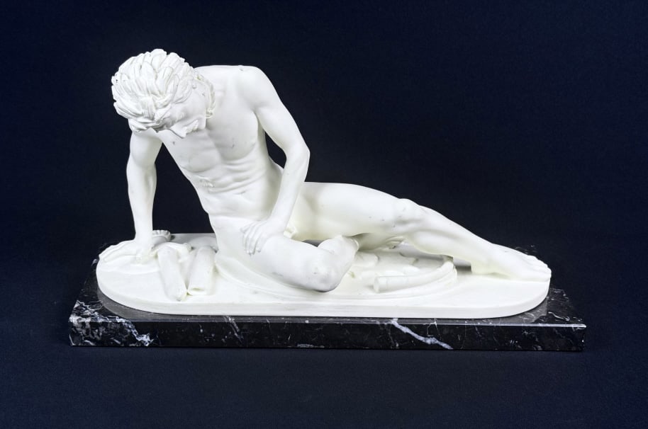 A. Santini Alabaster Sculpture Dead Gaul Some markings over all please. See photos for further item: Some markings over all please. See photos for further item details and condition information. 13 x 5 x 7 inches.
