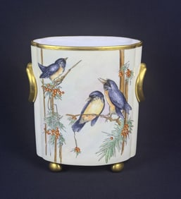 Heinrich & Co Hand Painted Cache Vase Birds and Holly Motif. No chips or cracks. See photos for more