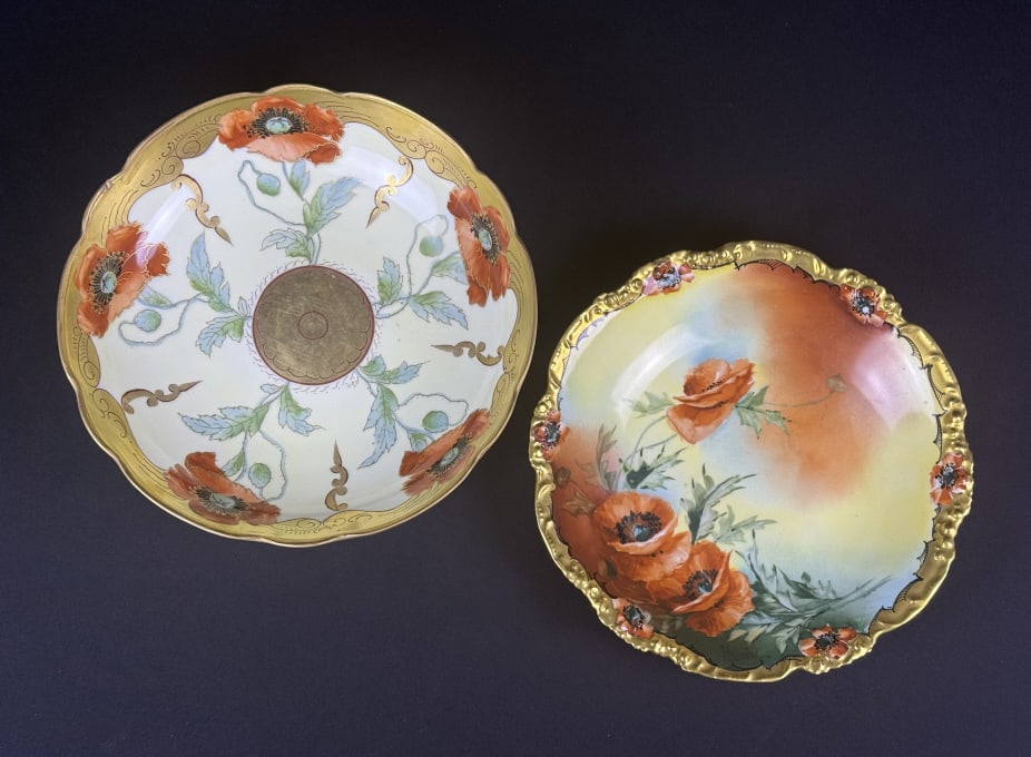 Antique Hand Painted Pickard Bowls Footed bowl measures 9.5 x 3.3 inches.: Footed bowl measures 9.5 x 3.3 inches. Non footed bowl measures 9.4 x 2.75 inches. Small paint chip. Please refer to photos for further item details and condition information.