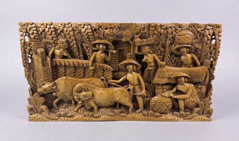 Vintage Deep Relief Wood Carved Panel Market even. Unsigned.   Measures 13.75 x 1.5 x 7 inches.