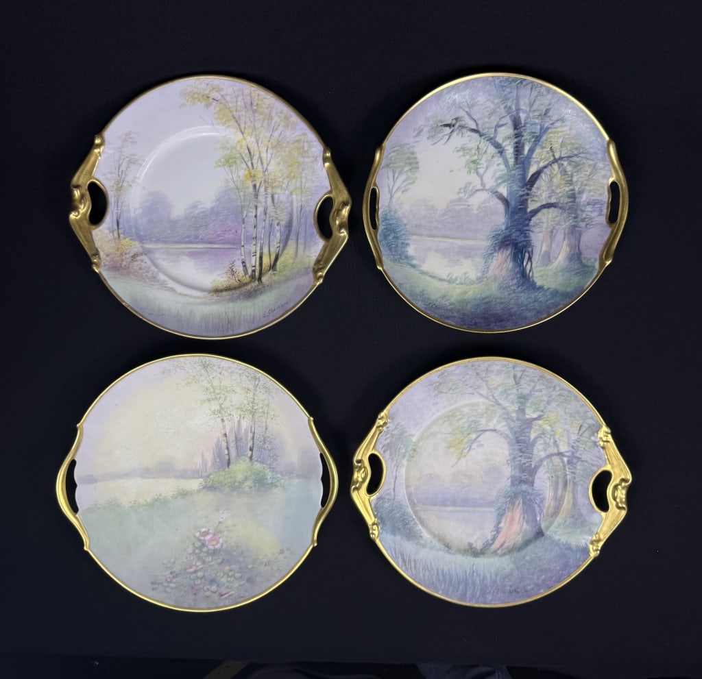 Pickard Hand Painted Handled Plates 4 plates with gold painted rims and handles. (1 of 7)