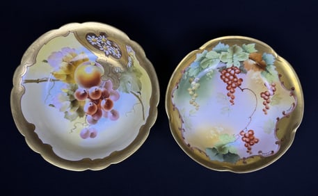 Pickard Hand Painted Fruit Bowls Bowls measure 10 x 2.25 inches and 9.25 x 2 inches.