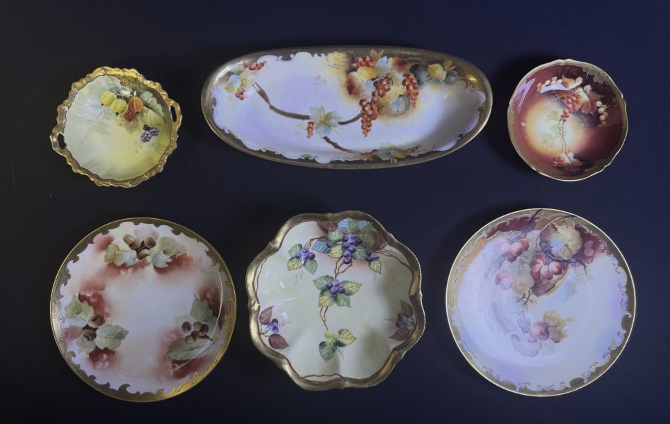 Vintage Pickard Hand Painted China Fruit Motif 6 total pieces.: 6 total pieces. 2 plates measuring 8.75 and 8.5 inches across. 2 small dishes measuring 5.5 x 1.25 inches. Scalloped Bowl measures 8.25 x 2.4 inches. Long dish measures 13.25 x 5.5 x 2 inches. Please 