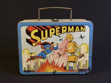 Vintage Adco Superman Metal Lunch Box 1950s Heavy wear overall including scuffs, scratches and
