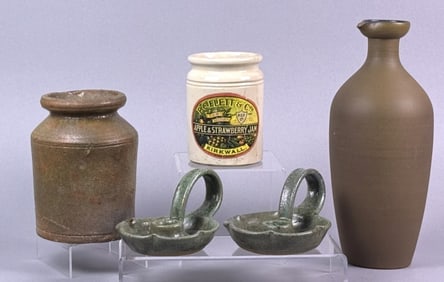 Vintage Pottery Pieces Jars Pitcher Candle Holders 5 pieces. Pitcher has chip on lip. Brown jar has