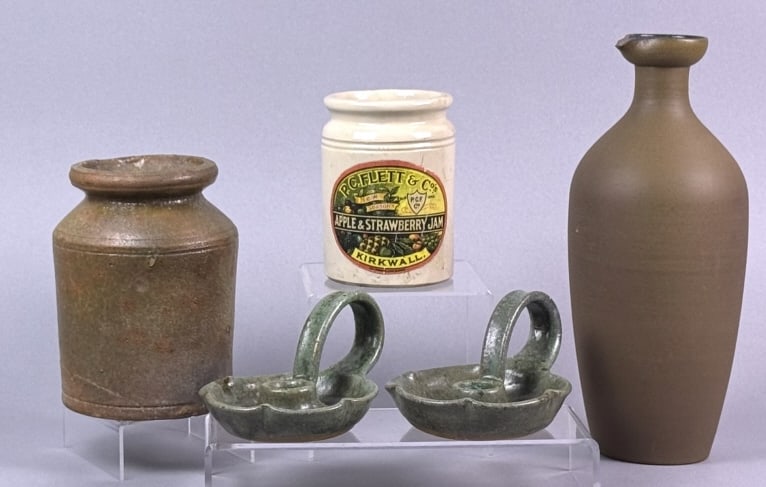 Vintage Pottery Pieces Jars Pitcher Candle Holders 5 pieces. Pitcher has chip on lip. Brown jar has (1 of 8)