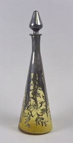 Vintage Silver Overlay Amber Glass Decanter 14 x 4 inches. Free from chips or cracks.
