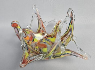 Murano Stretched Art Glass Centerpiece Bowl Measures 10 x 10 x 5.5 inches tall. Sticker on the piece