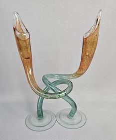 Art Glass Hand Blown Twist Taper Candlesticks Measure 12 inches tall. Several scratches on