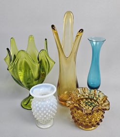 Assorted Art Glass Vases Including Fenton Amber Hobnail Vase