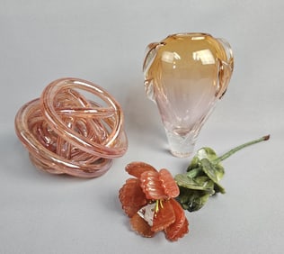 Trio of Art Glass Pieces Including Glasner Vase Small chips, one in vase and flower petal.