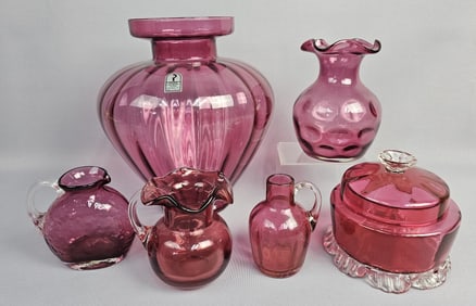 Cranberry Glass Inc Pilgram House A collection of six Pilgrim Cranberry Glass items, predominantly