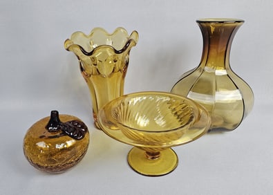 Vintage Amber Glass Lot Inc Viking Glass Swung Vase