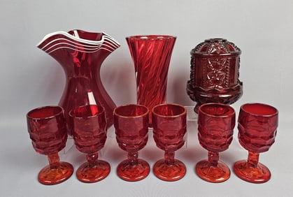 Ruby Red Mixed Glass Lot Inc Viking Glass Goblets & Indiana Glass Fairy Light