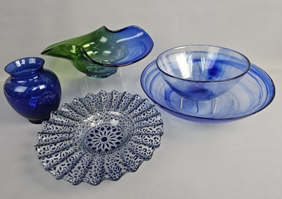 Mixed Blue Glass Lot Inc Murano Glass Large blue swirl shallow bowl 13 inches wide. Small blue vase