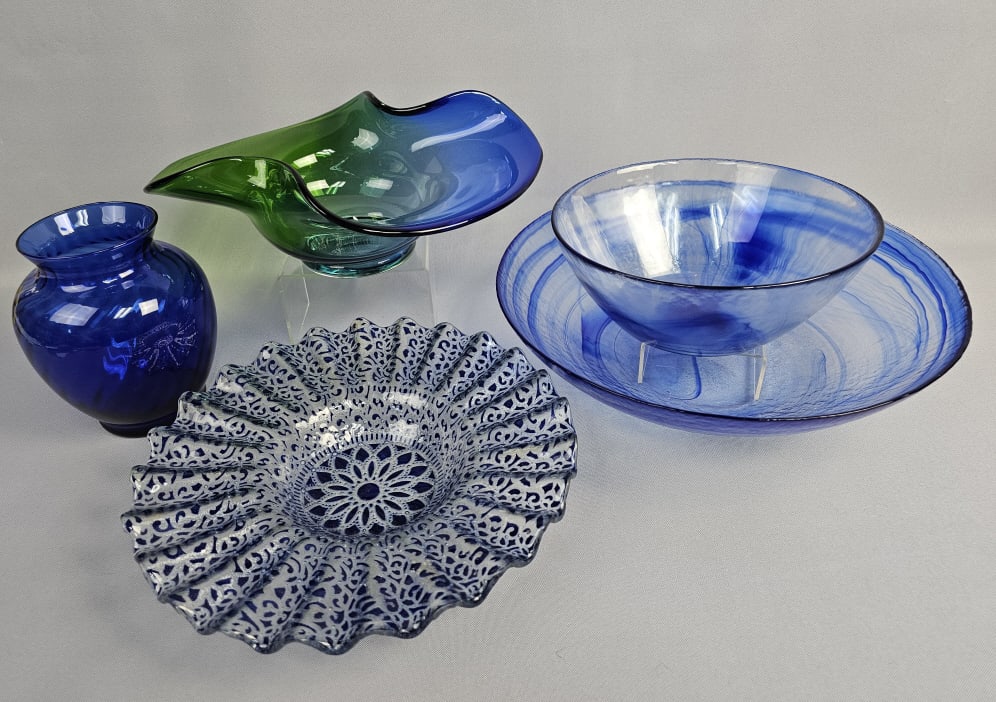 Mixed Blue Glass Lot Inc Murano Glass Large blue swirl shallow bowl 13 inches wide. Small blue vase (1 of 16)