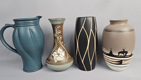 Vintage Pottery Vases & Pitcher All measure 10 inches tall. Overall good condition, few small marks