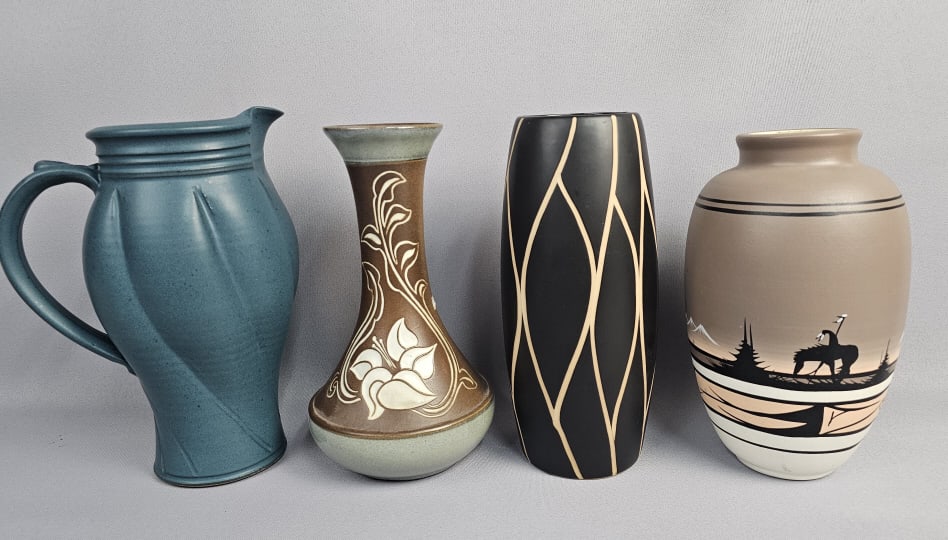 Vintage Pottery Vases & Pitcher All measure 10 inches tall. Overall good condition, few small marks: All measure 10 inches tall. Overall good condition, few small marks and scuffs.