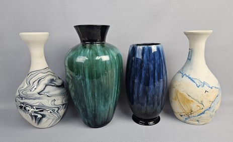 4 Pottery Vases Inc Nemadji Pottery Pieces All measure between 10-12 inches tall. Free from chips