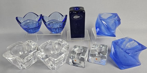 Mixed Clear & Blue Glass Candle Holders Inc Blenko Glass