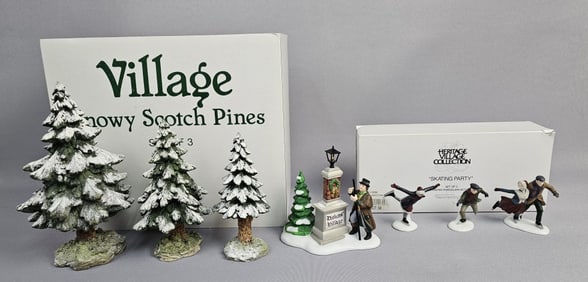 Dept 56 Village Scotch Pines & Skating Party & Boxes