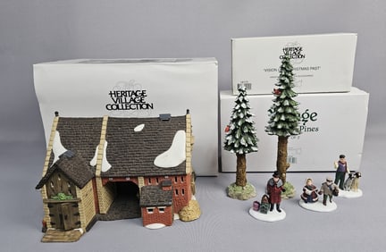 Department 56 Mixed Christmas Decor Lot with Boxes Butter tub barn broken and repaired, 6 inches
