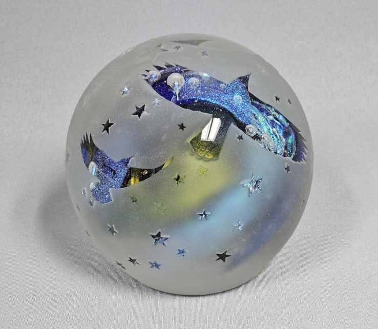 Signed Dated 96’ Art Glass Paperweight Blue Yellow Swirl Birds & Stars (1 of 8)