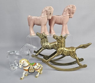 6 Horse Pieces Inc Brass Rocking Horses & Pink Pottery Planters