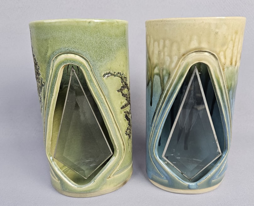 Contemporary Studio Pottery Votive Holders with Glass Prisms: Glass Prisms Both measure 8 inches tall. A pair of contemporary studio pottery cylindrical vessels, designed as votive holders or decorative lanterns, signed 'Kay'. Each piece features a distinctive c