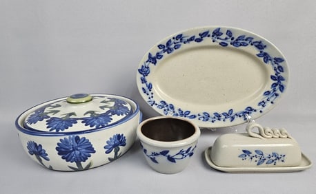 Collection of Stoneware Pottery Dishes All free from chips. Oval platter 12 inches. Lidded dish is 9
