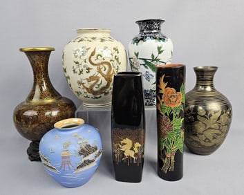 7 Mixed Asian Inspired Vases Measure 5-11 inches tall. Crazing to one vase. Free from chips.
