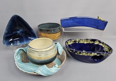Six Modern Art Pottery Pieces A collection of six distinct pieces of modern art pottery, primarily