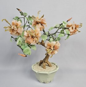 Vintage Chinese Natural Stone Flower Bonsai Tree Few chips to leaves and petals.