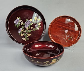 Three Japanese Lacquerware Trays and Bowl Larger tray diameter: 12 inches, marked Toyo.