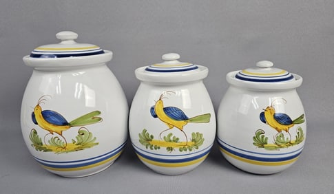 Graduated Set of Hand Painted Italian Lidded Jars A graduated set of three hand-painted Italian