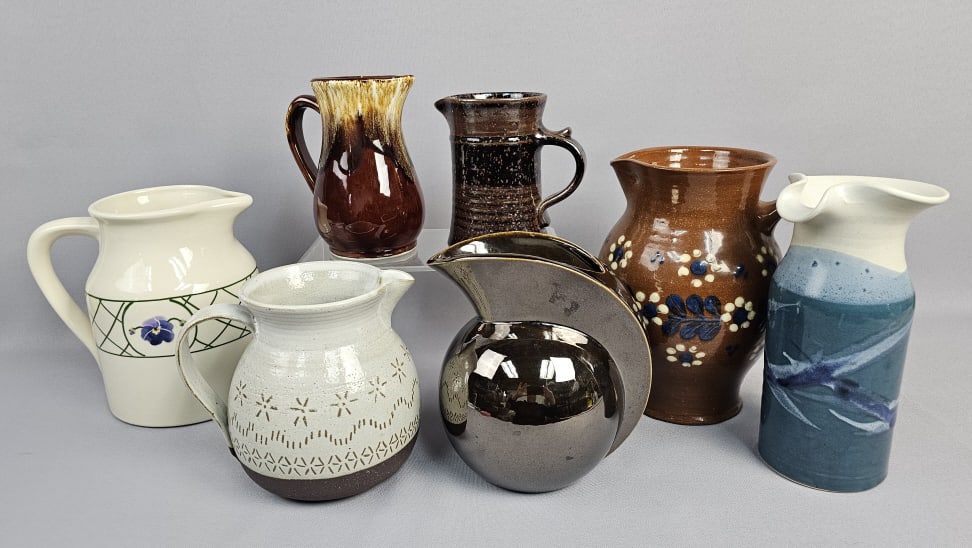 Seven Ceramic Studio Pottery Pitchers This collection comprises seven ceramic pitchers, showcasing (1 of 18)