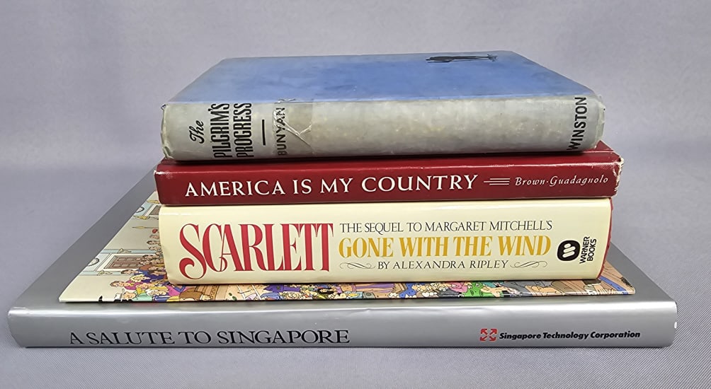 Group of Five Books Including Scarlett A group of four hardcover books, prominently featuring: A group of four hardcover books, prominently featuring *Scarlett: The Sequel to Margaret Mitchell's Gone With the Wind* by Alexandra Ripley, a Warner Books first printing from September 1991. Also inc