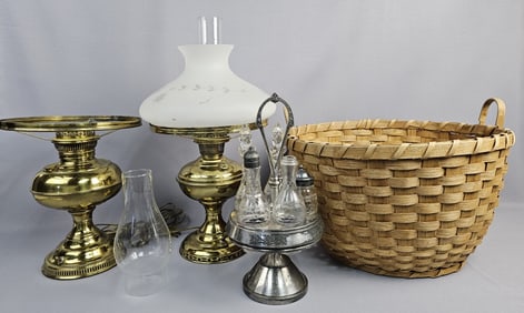 Mixed Vintage Lot Basket Lamps Condiment Set Basket measures 17 x 11 inches tall. Some dents and