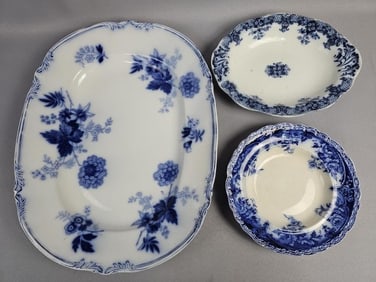 Flow Blue Dishes Bowl & Platter Including Wedgwood Crazing present on all pieces. Chips on rim of