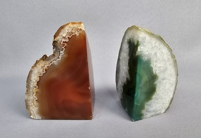 Brazilian Agate Geode Bookends 4 inches tall. Few small nicks, please see photos.