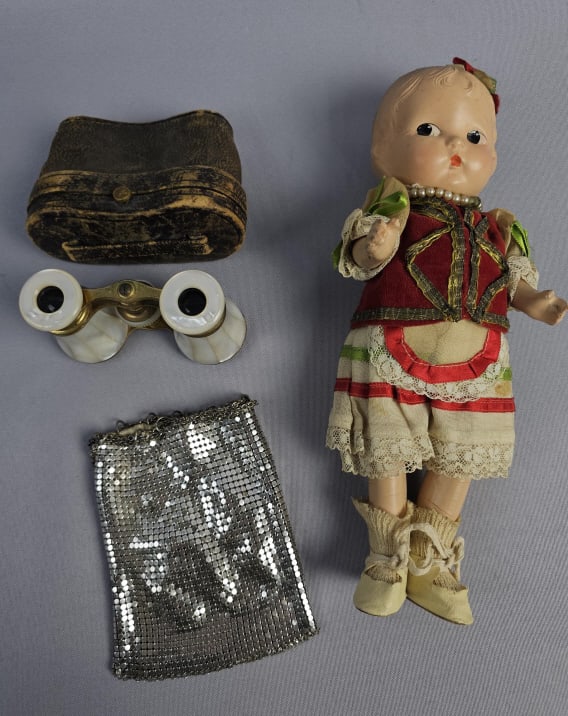 Mixed Vintage Lot Doll Mother of Pearl Opera Glasses & Metal Mesh Clutch  Doll with cracks. (1 of 12)