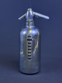 Vintage Chrome & Glass Soda King Seltzer Bottle 12 inches tall by 4.5 inches wide. Some scuffs,