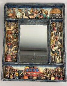 Nicario Jimenez Signed Folk Art Retablo Mirror From Peru. Carved people, animals and objects
