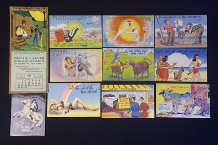 Vintage Risque Humor Pinup Postcards Matchbook 9 postcards 1 matchbook and Calendar from 1946.